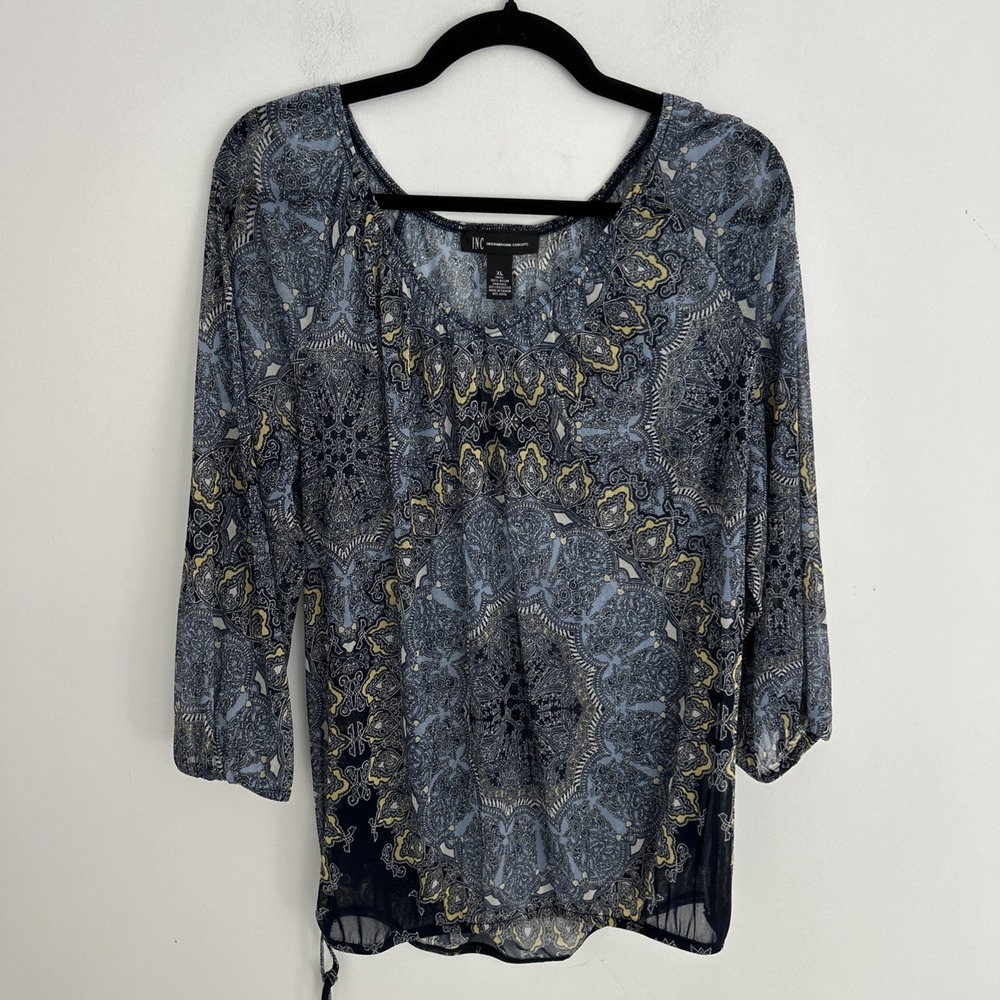 INC International Concepts XL Semi Sheer Paisley V-Neck 34‎ Sleeve Boho Blouse